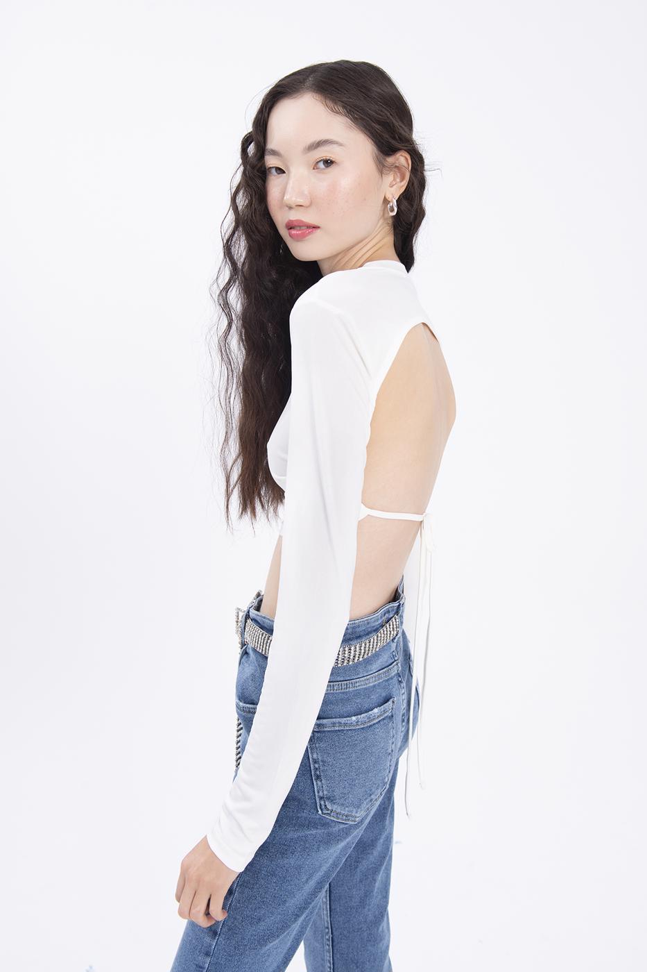 Bayan Ekru Sırt Dekolteli Crop Top