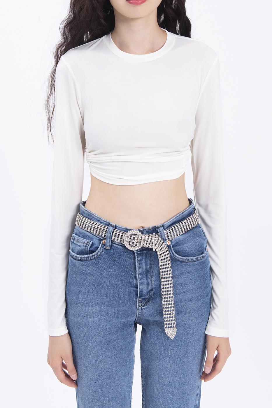 Bayan Ekru Sırt Dekolteli Crop Top