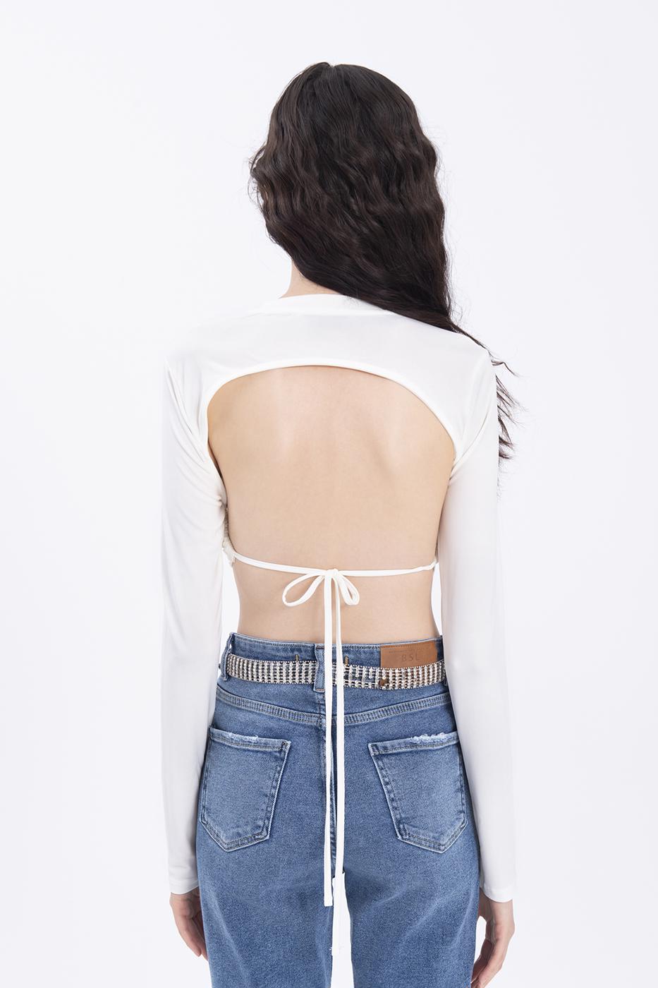 Bayan Ekru Sırt Dekolteli Crop Top