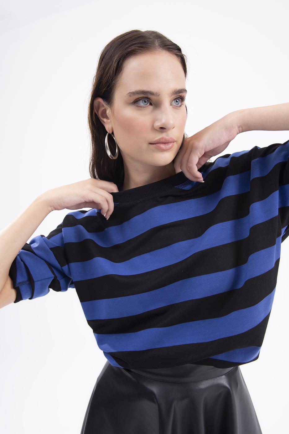 Bayan Sax Çizgili Basic Sweatshirt