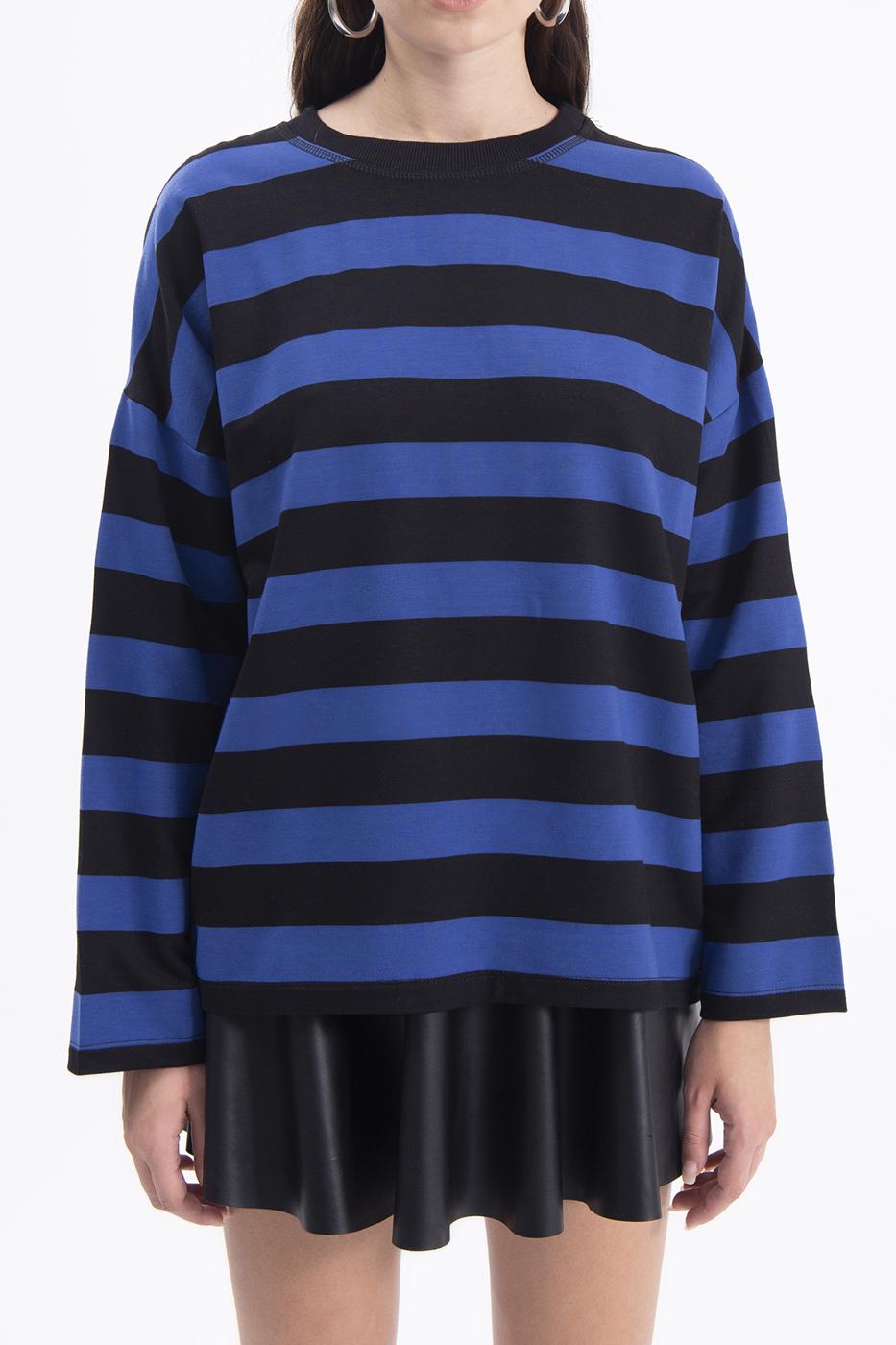 Bayan Sax Çizgili Basic Sweatshirt