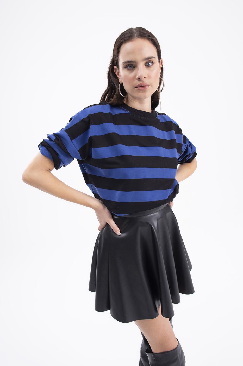 Bayan Sax Çizgili Basic Sweatshirt