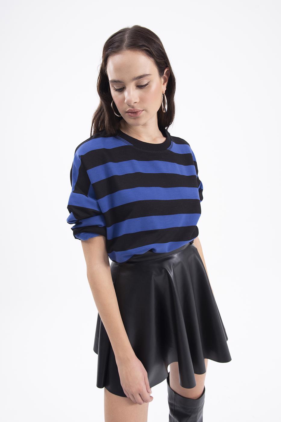 Bayan Sax Çizgili Basic Sweatshirt