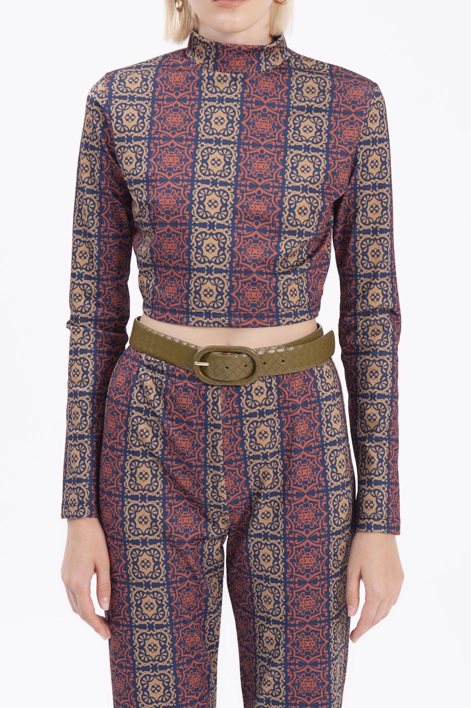 Bayan Lacivert Desenli Crop Top