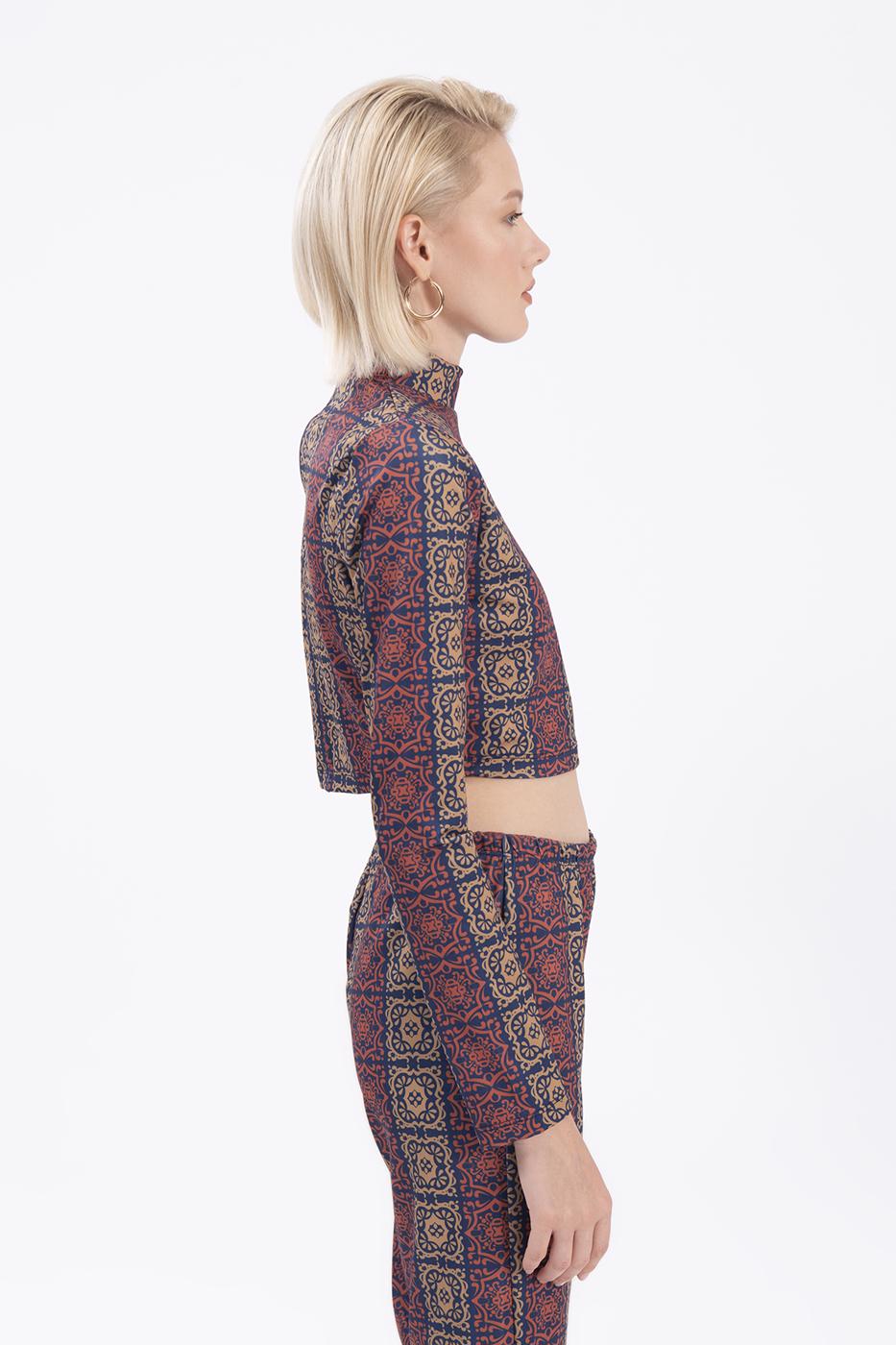 Bayan Lacivert Desenli Crop Top