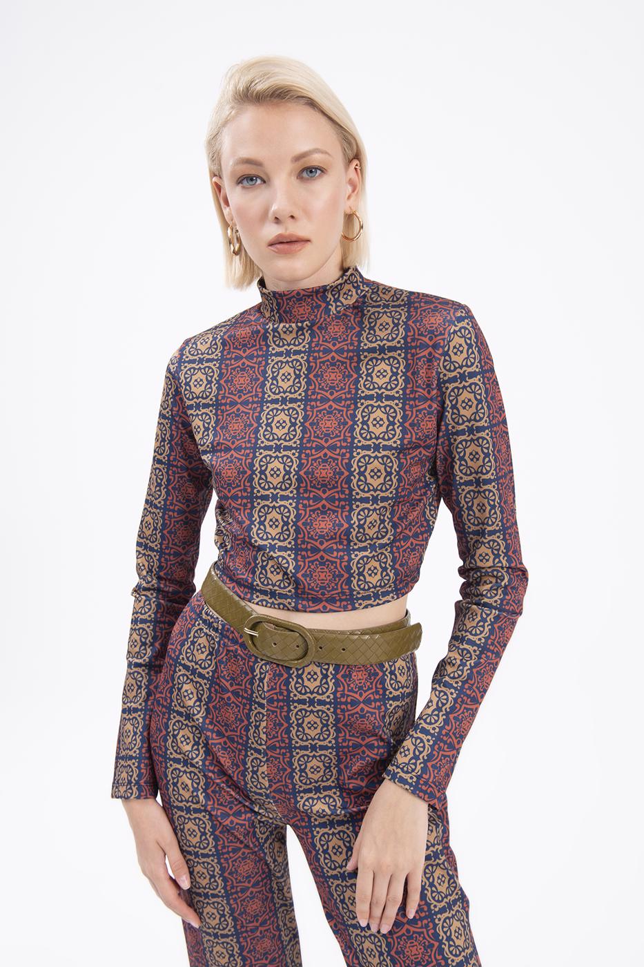 Bayan Lacivert Desenli Crop Top