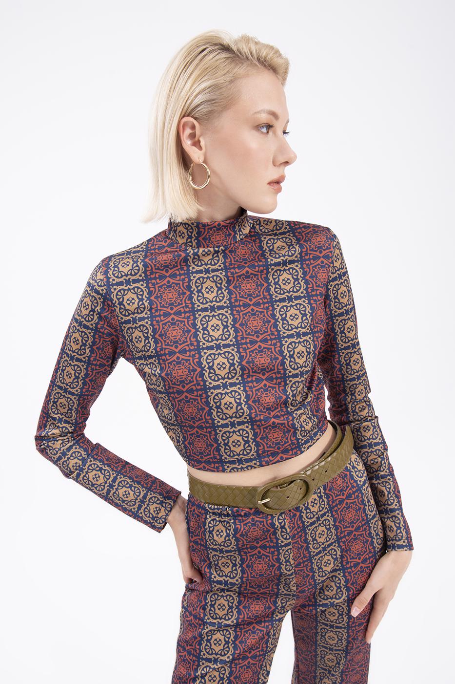 Bayan Lacivert Desenli Crop Top