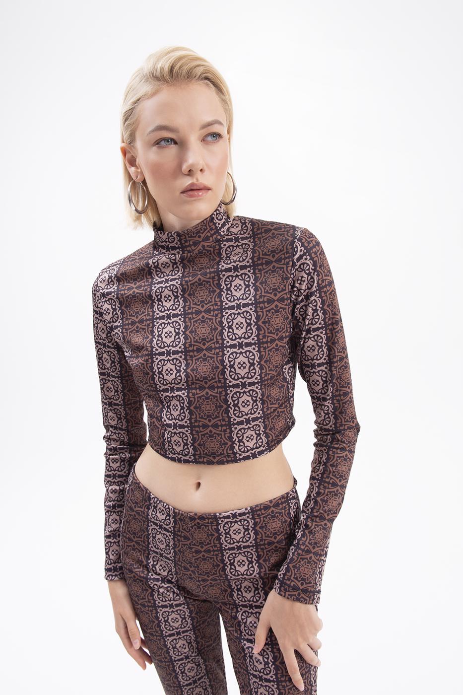 Bayan Siyah Desenli Crop Top