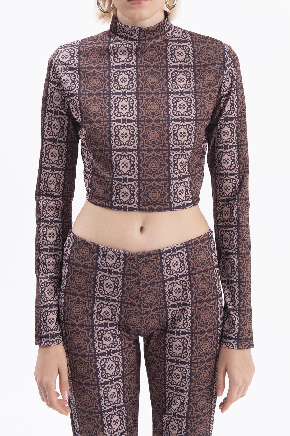 Bayan Siyah Desenli Crop Top