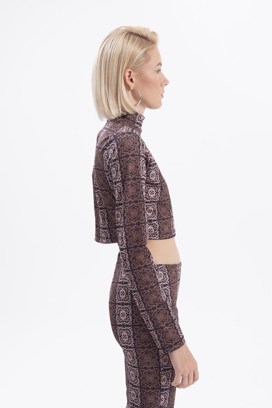 Bayan Siyah Desenli Crop Top
