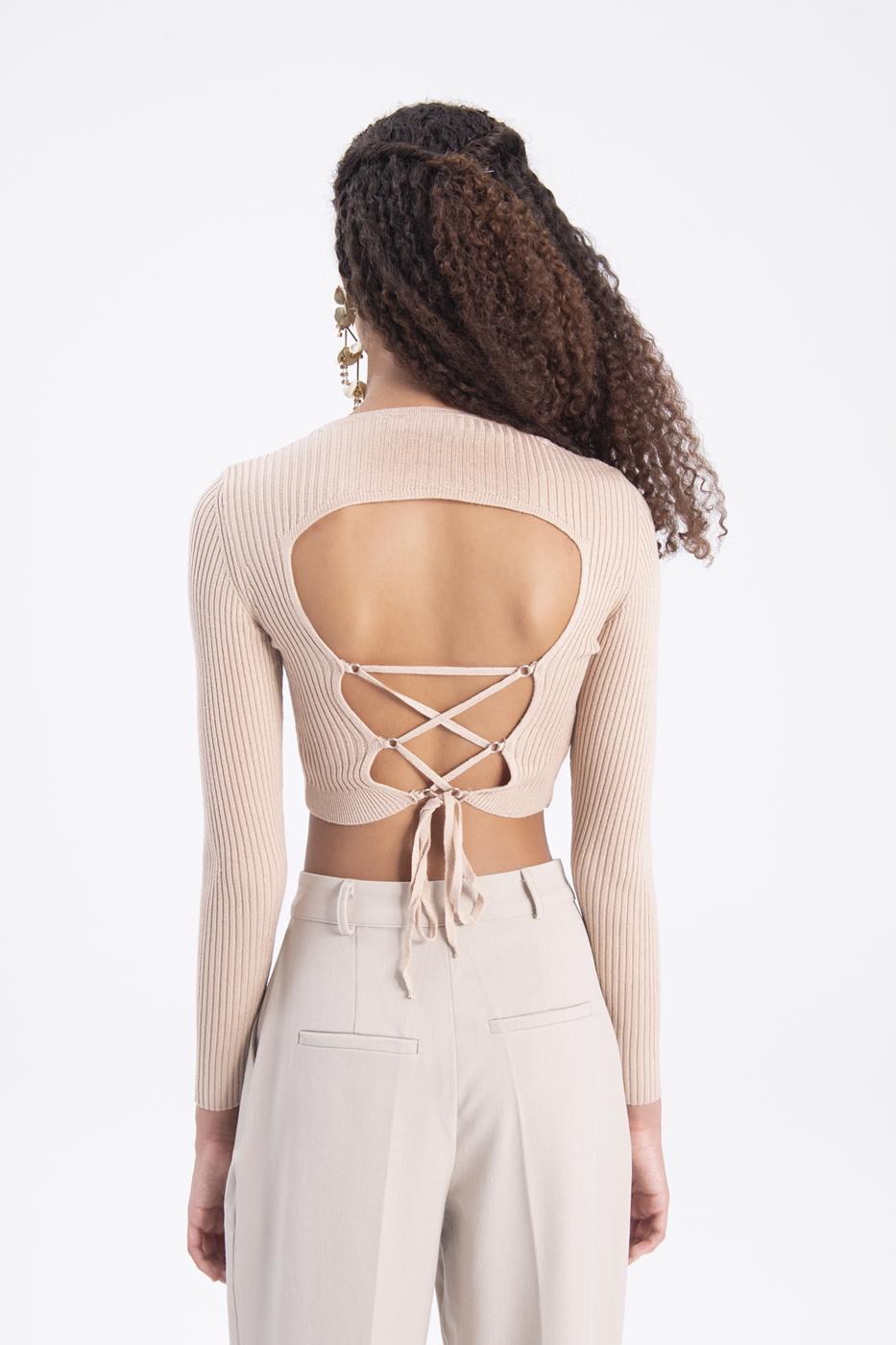 Bayan Bej Sırt Çapraz Bağlamalı Crop Triko Top