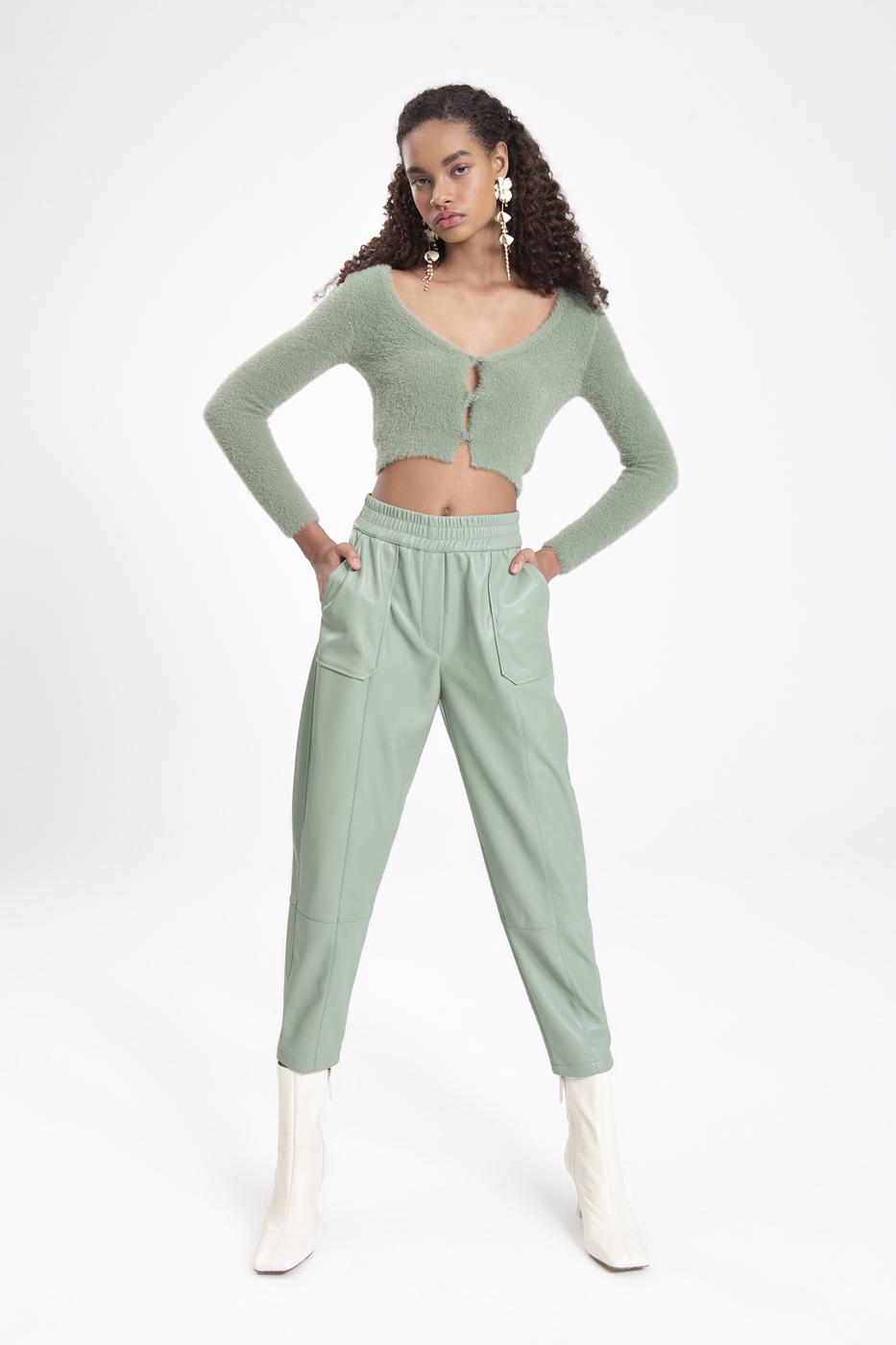 Bayan Yeşil Suni Deri Jogger Pantolon