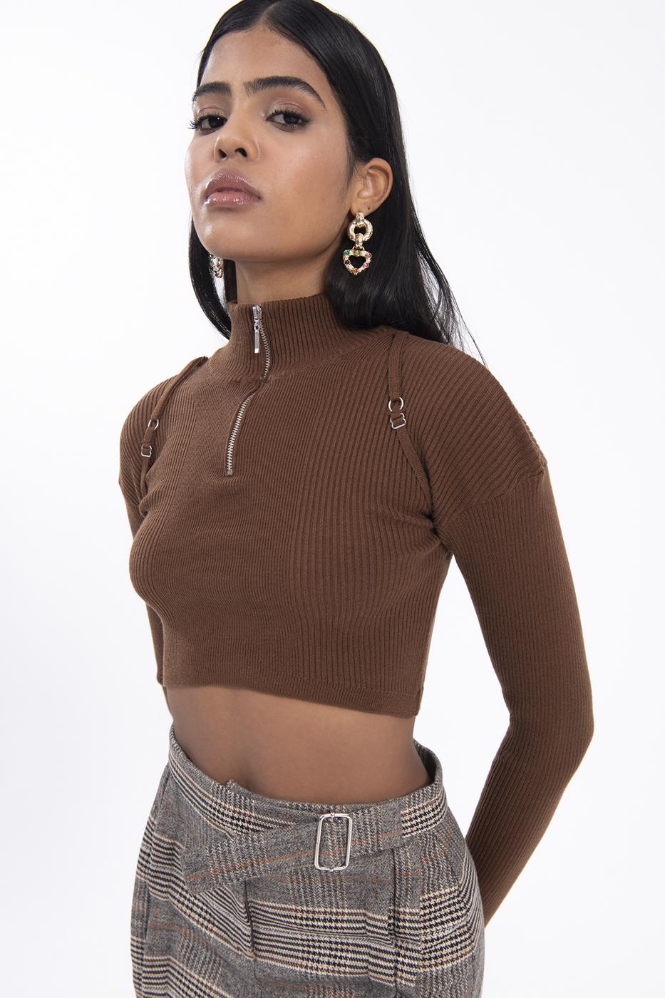 Bayan Kahverengi Dik Yakalı Triko Crop Top