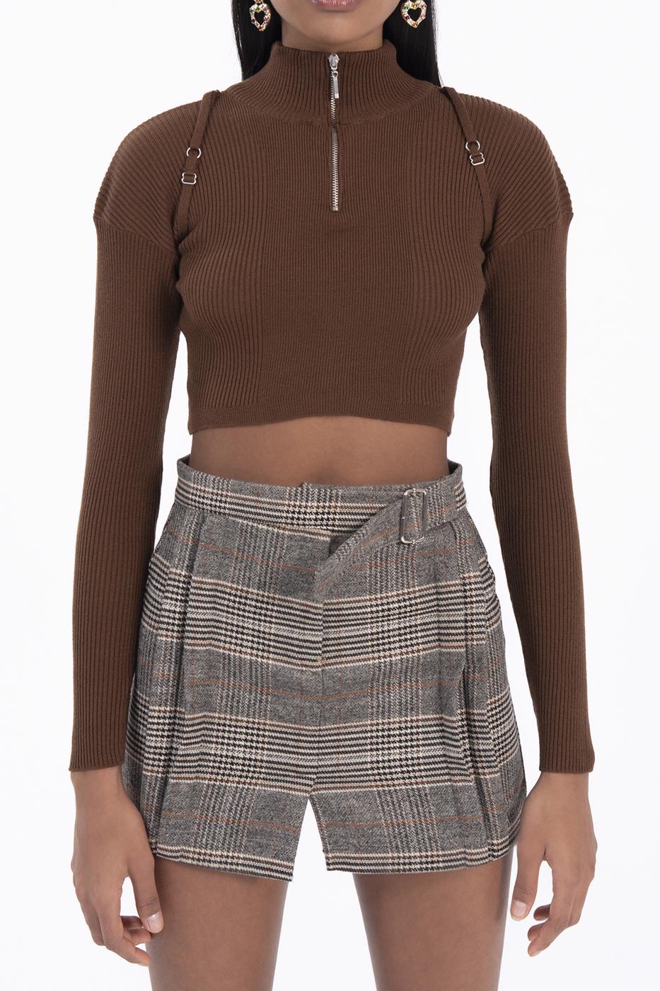 Bayan Kahverengi Dik Yakalı Triko Crop Top