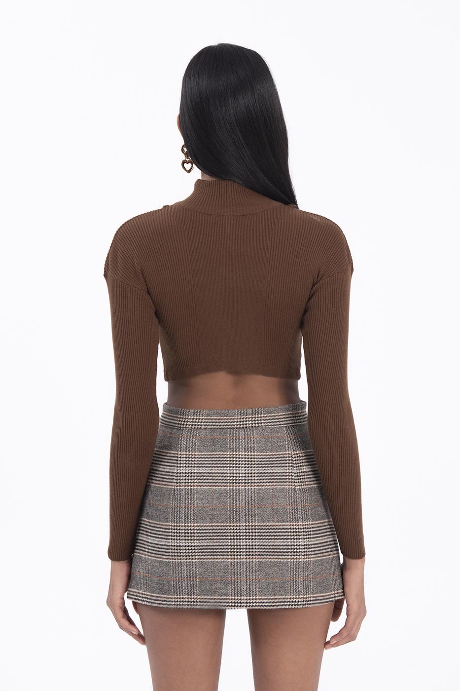 Bayan Kahverengi Dik Yakalı Triko Crop Top