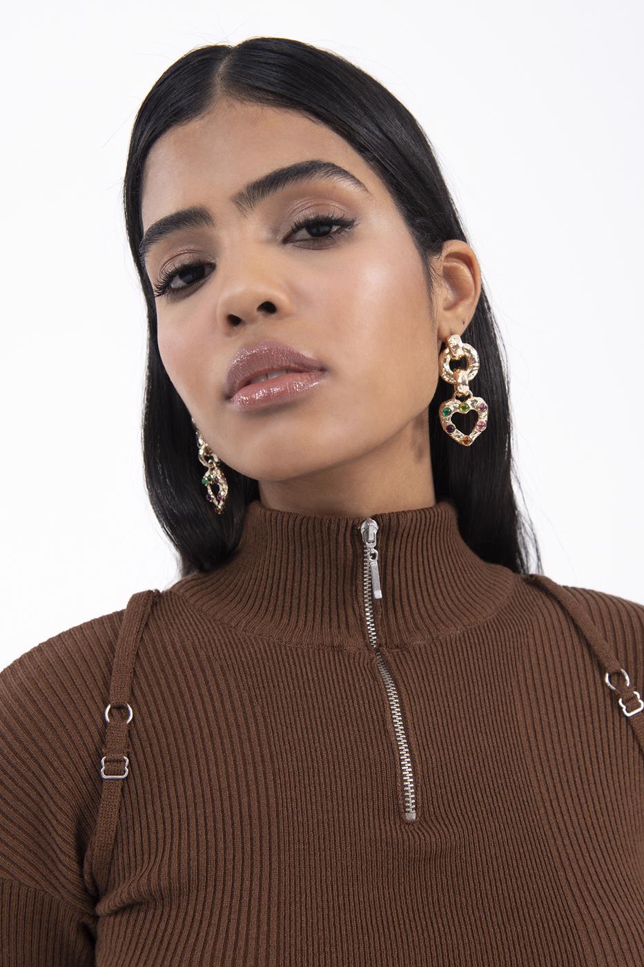 Bayan Kahverengi Dik Yakalı Triko Crop Top
