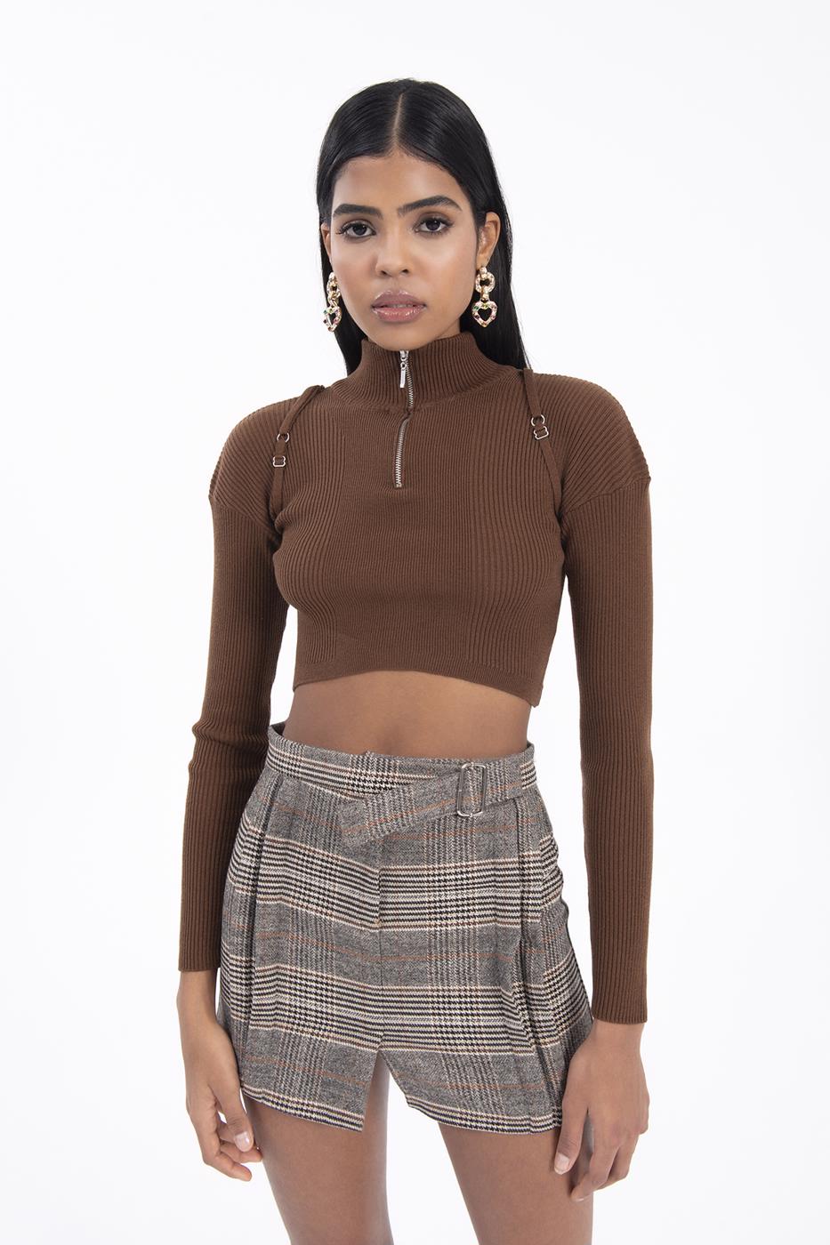 Bayan Kahverengi Dik Yakalı Triko Crop Top