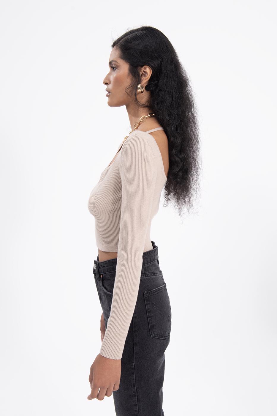 Bayan Bej Göğüs Dekolteli Triko Crop Top