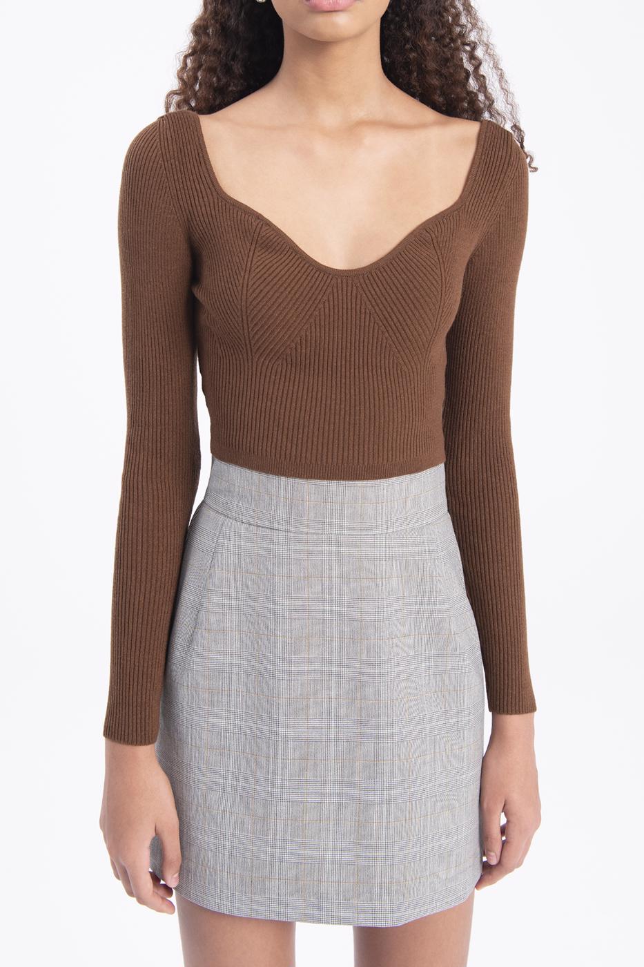 Bayan Kahverengi Göğüs Dekolteli Triko Crop Top