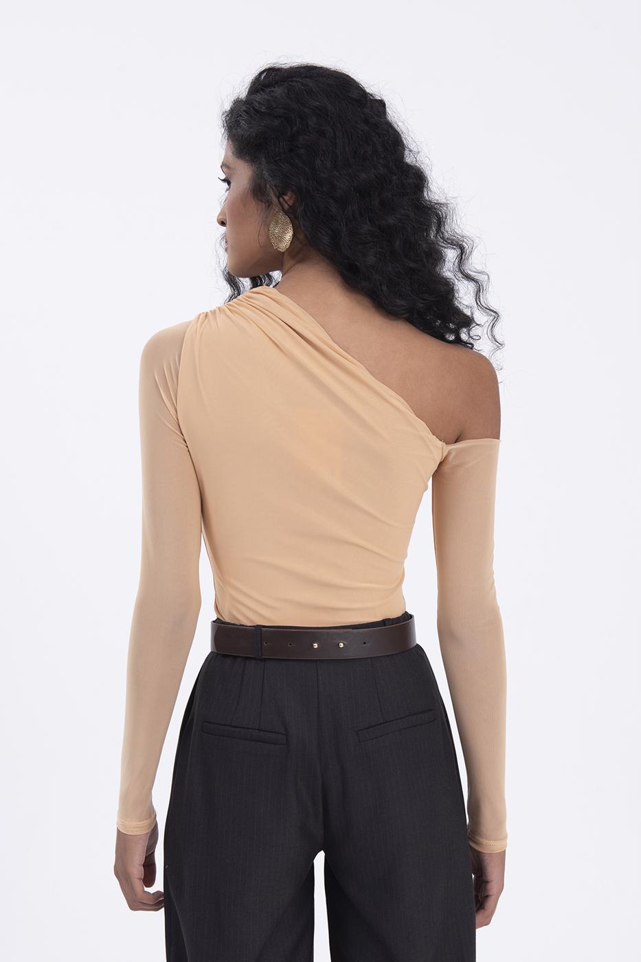 Bayan Bej Tek Omuz Dekolteli Tül Bodysuit