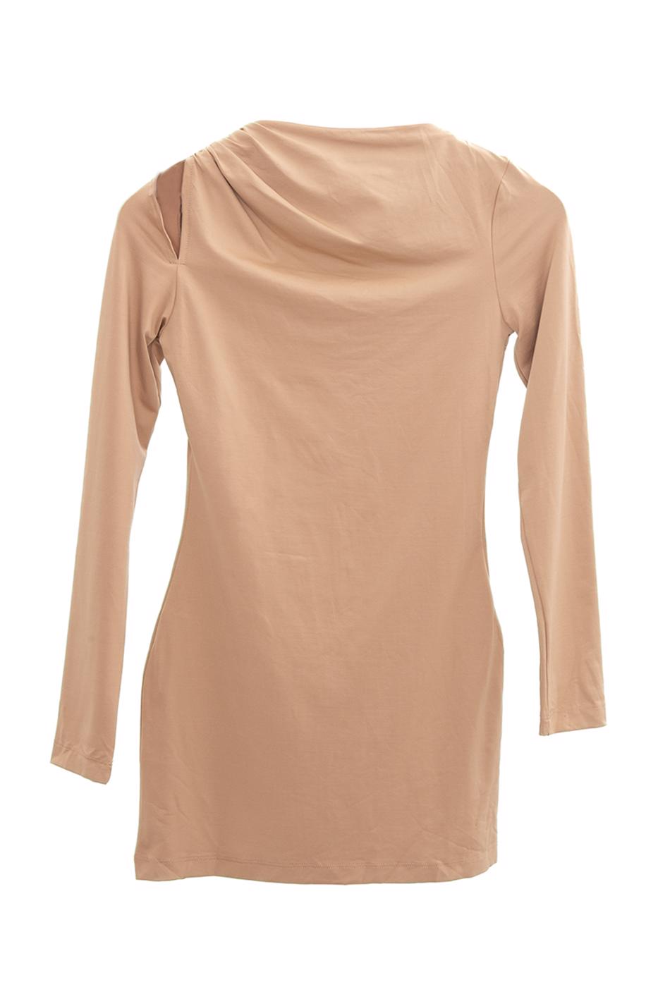 Bayan Camel Omuz Pencere Detaylı Mini Elbise