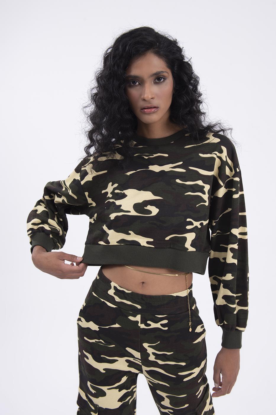 Bayan Haki Kamuflaj Basic Sweatshırt
