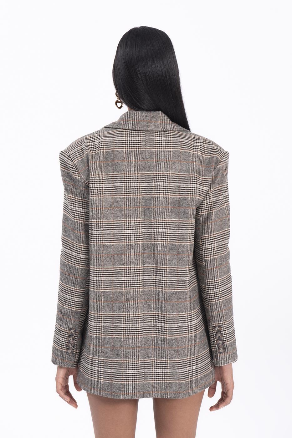 Bayan Bej Ekoseli Blazer Ceket