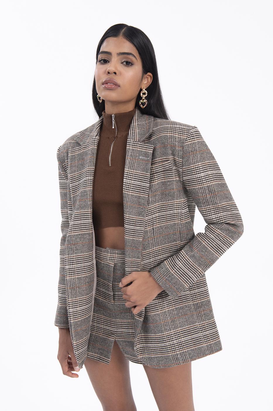 Bayan Bej Ekoseli Blazer Ceket