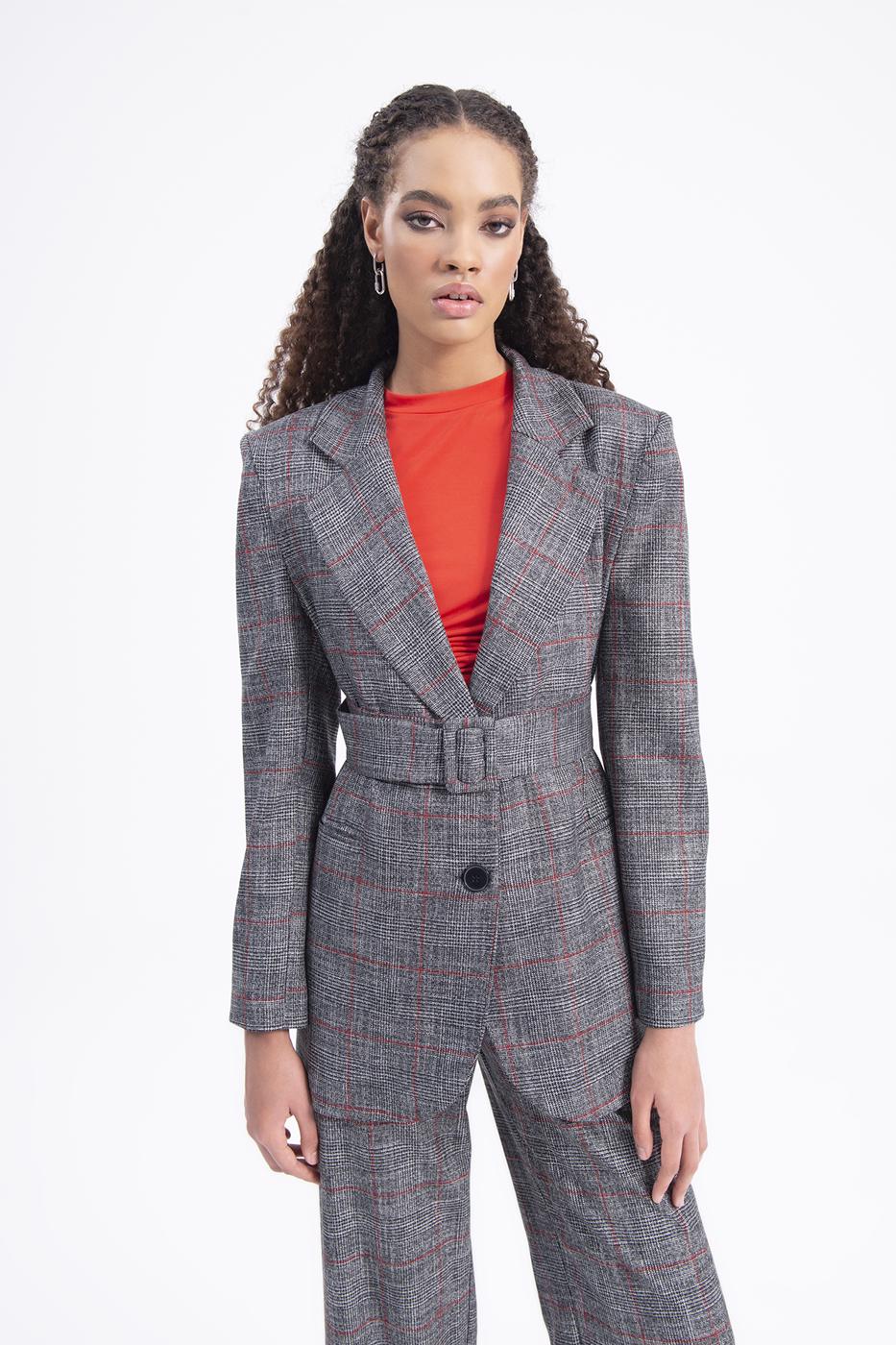 Bayan Gri Kemer Detaylı Blazer Ceket