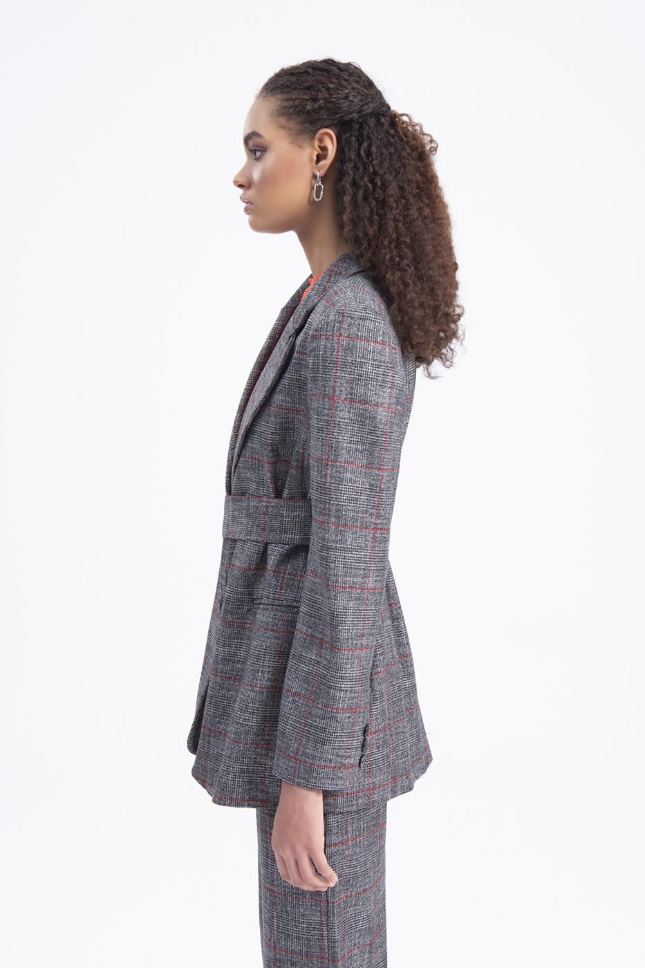 Bayan Gri Kemer Detaylı Blazer Ceket