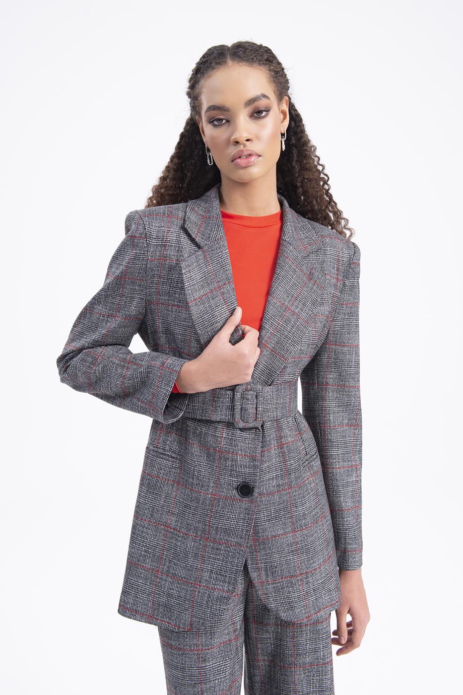 Bayan Gri Kemer Detaylı Blazer Ceket