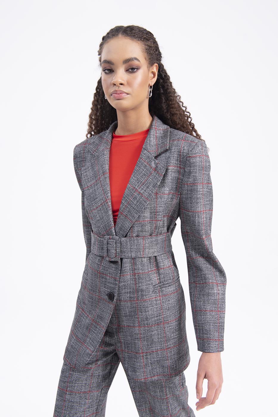 Bayan Gri Kemer Detaylı Blazer Ceket