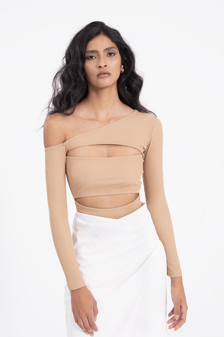 Bayan Kahverengi Omuz Dekolteli Pencereli Crop Top