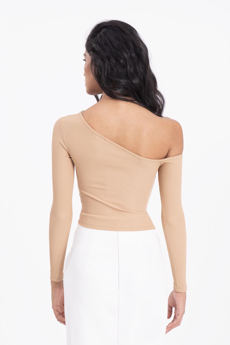Bayan Kahverengi Omuz Dekolteli Pencereli Crop Top