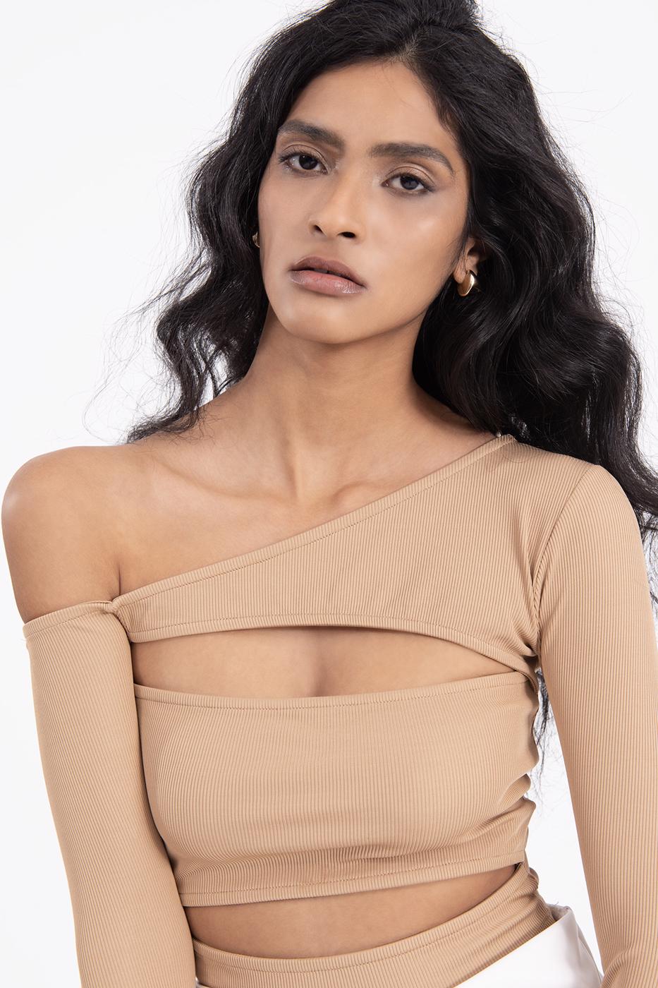 Bayan Kahverengi Omuz Dekolteli Pencereli Crop Top