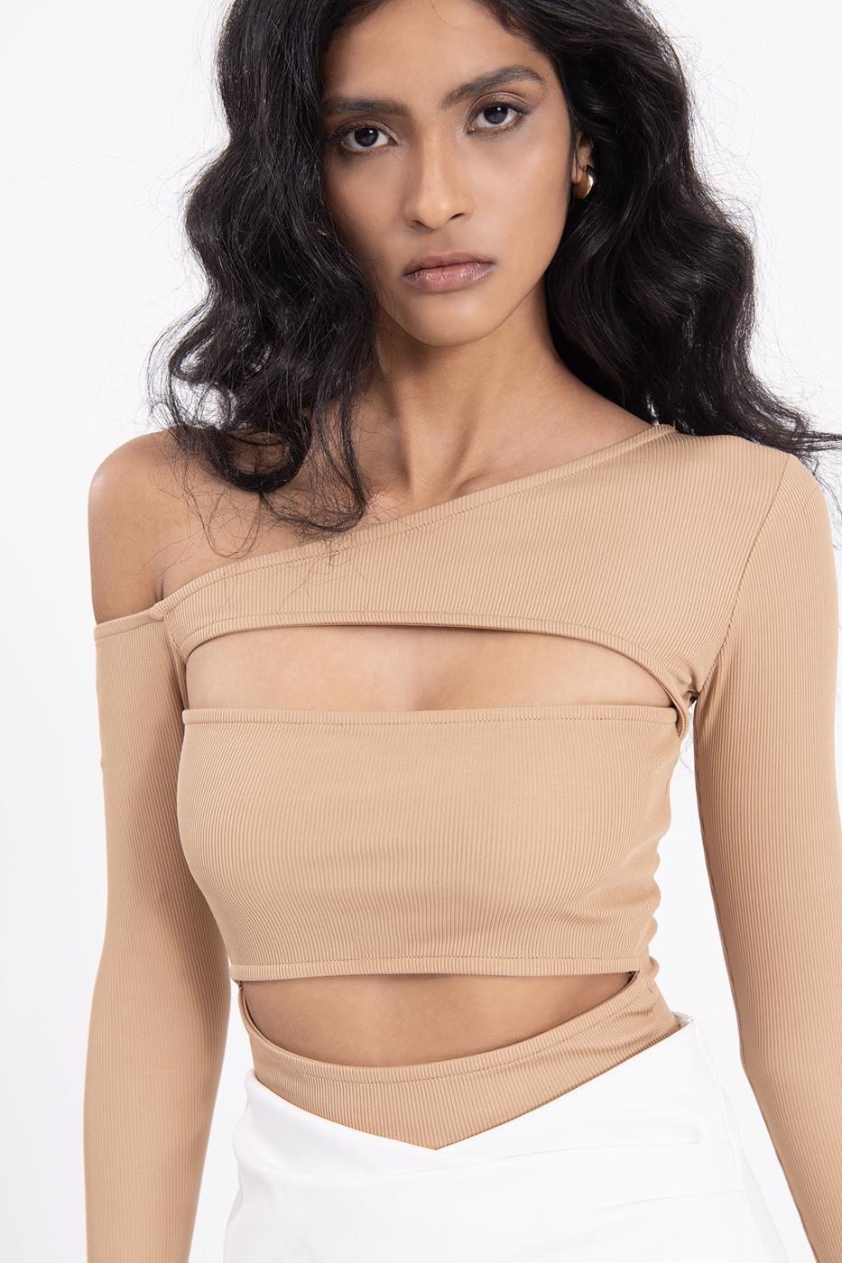Bayan Kahverengi Omuz Dekolteli Pencereli Crop Top