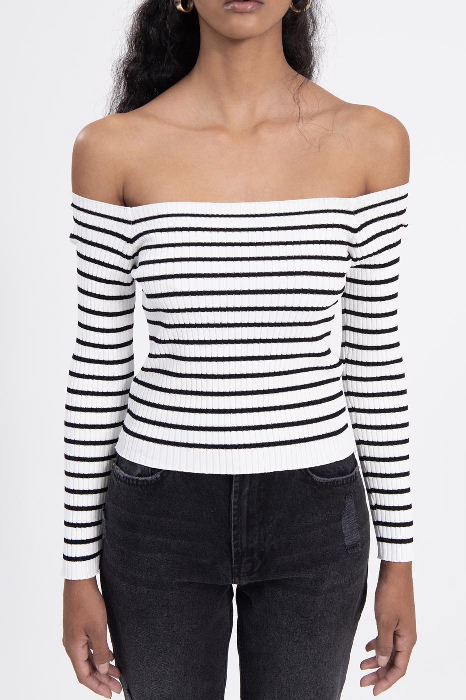 Bayan Ekru Carmen Yaka Çizgili Crop Top