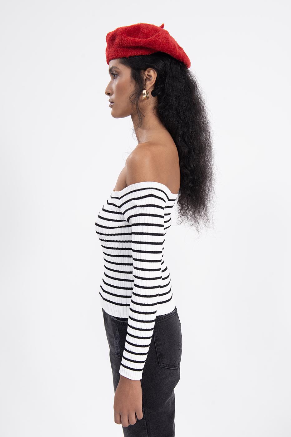 Bayan Ekru Carmen Yaka Çizgili Crop Top