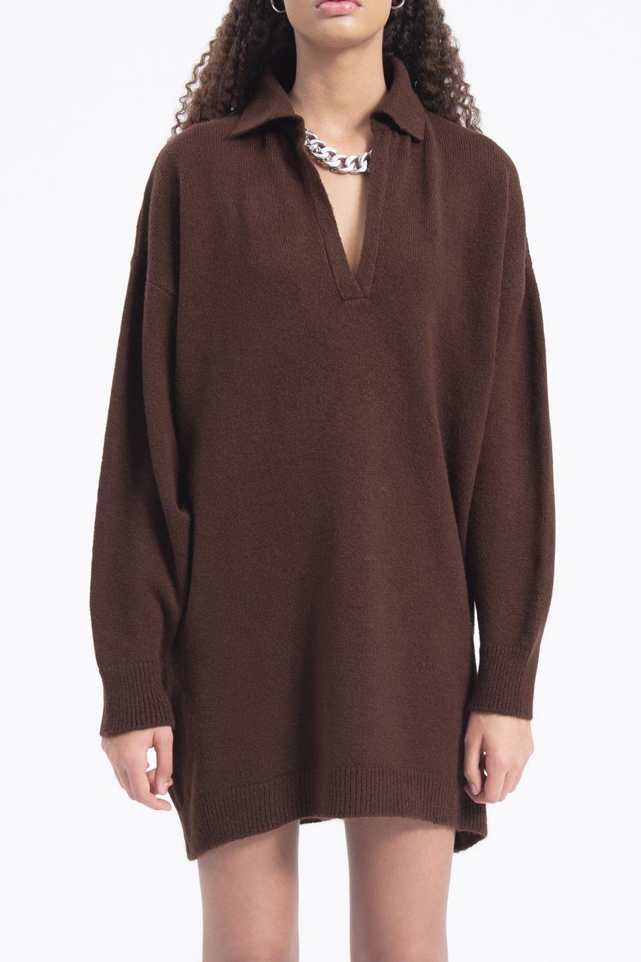 Bayan Kahverengi Yakalı Oversize Mini Triko Elbise