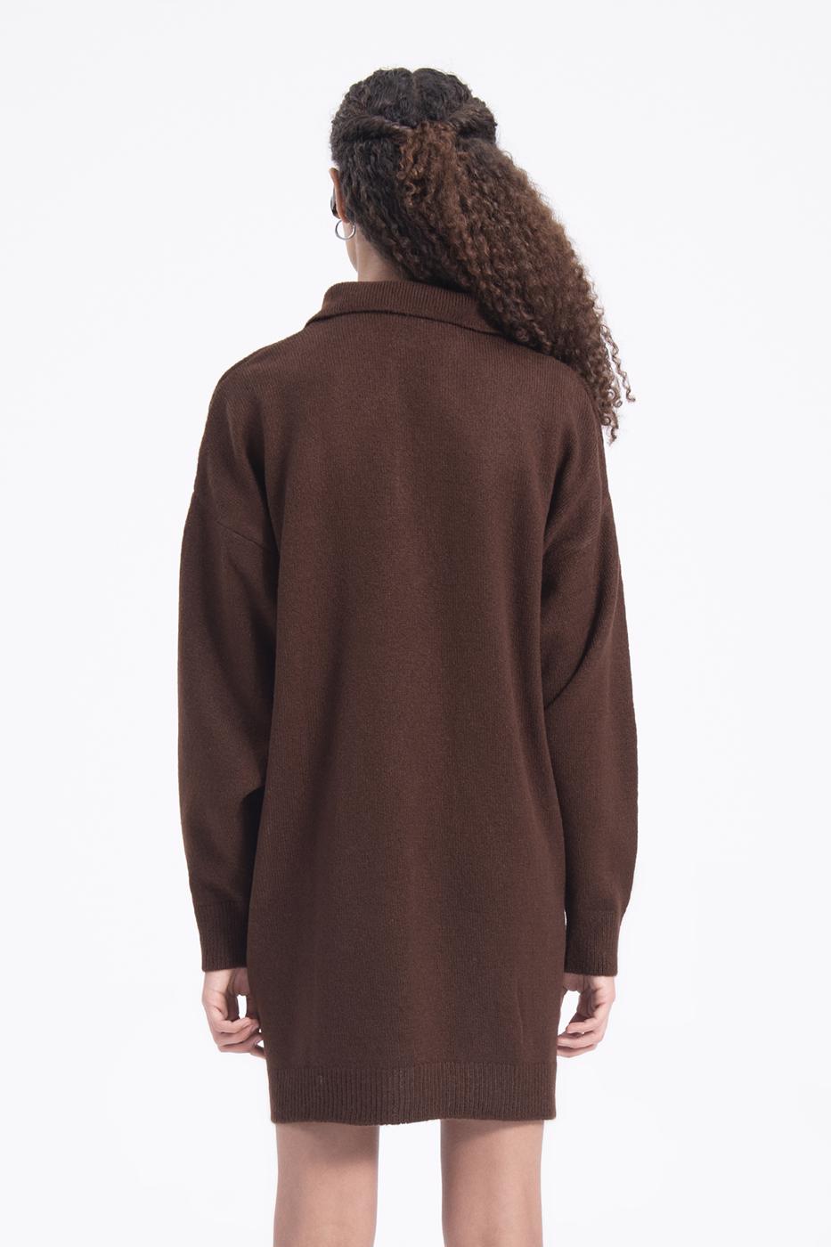Bayan Kahverengi Yakalı Oversize Mini Triko Elbise