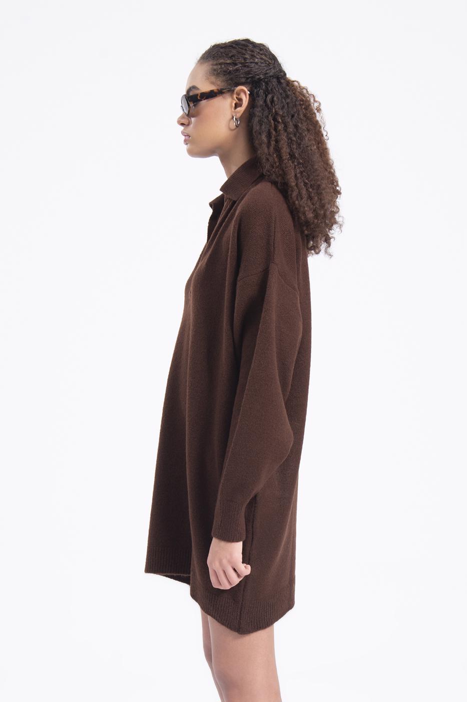 Bayan Kahverengi Yakalı Oversize Mini Triko Elbise