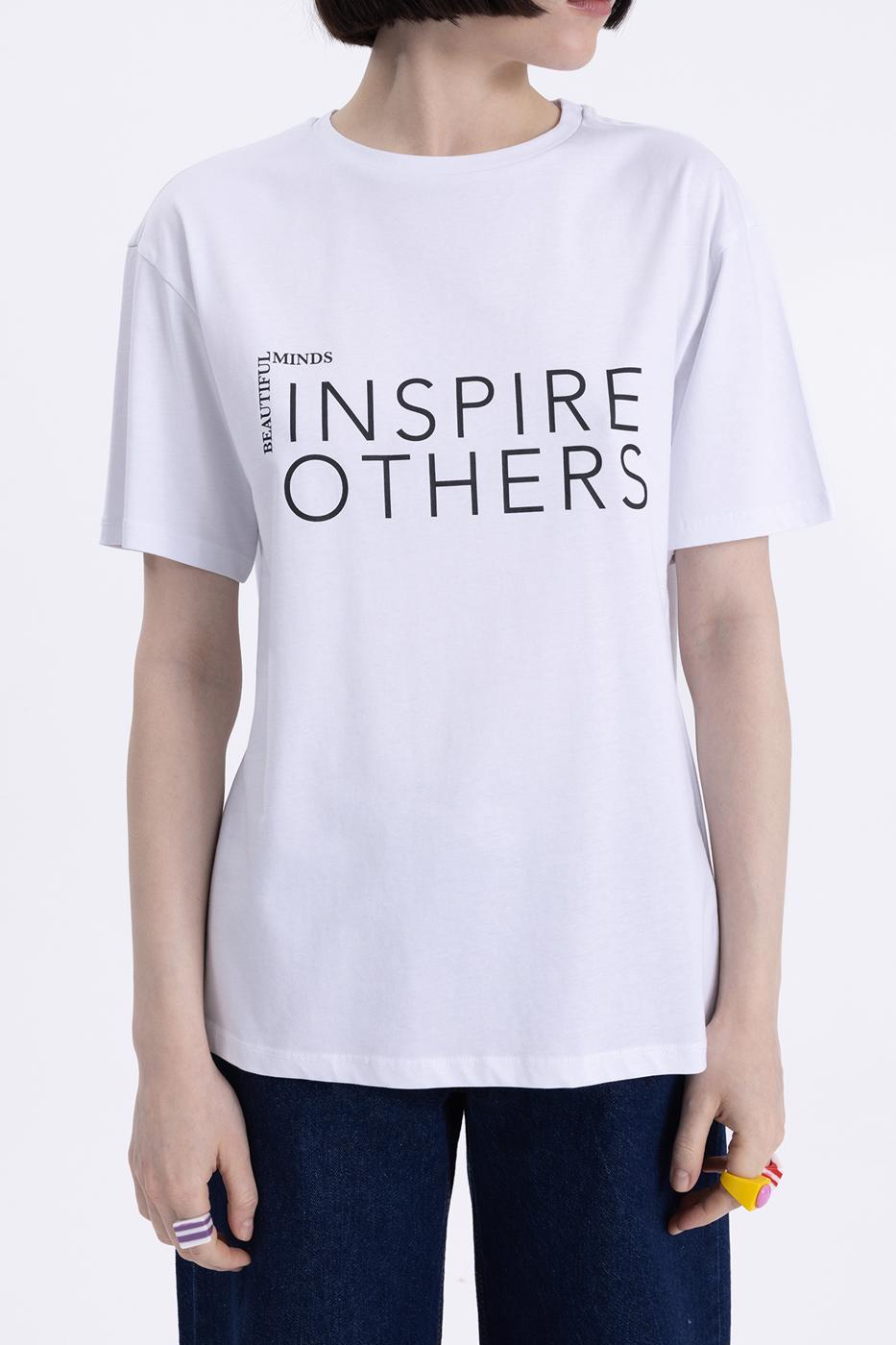 Bayan Beyaz Baskılı Basic Tshirt