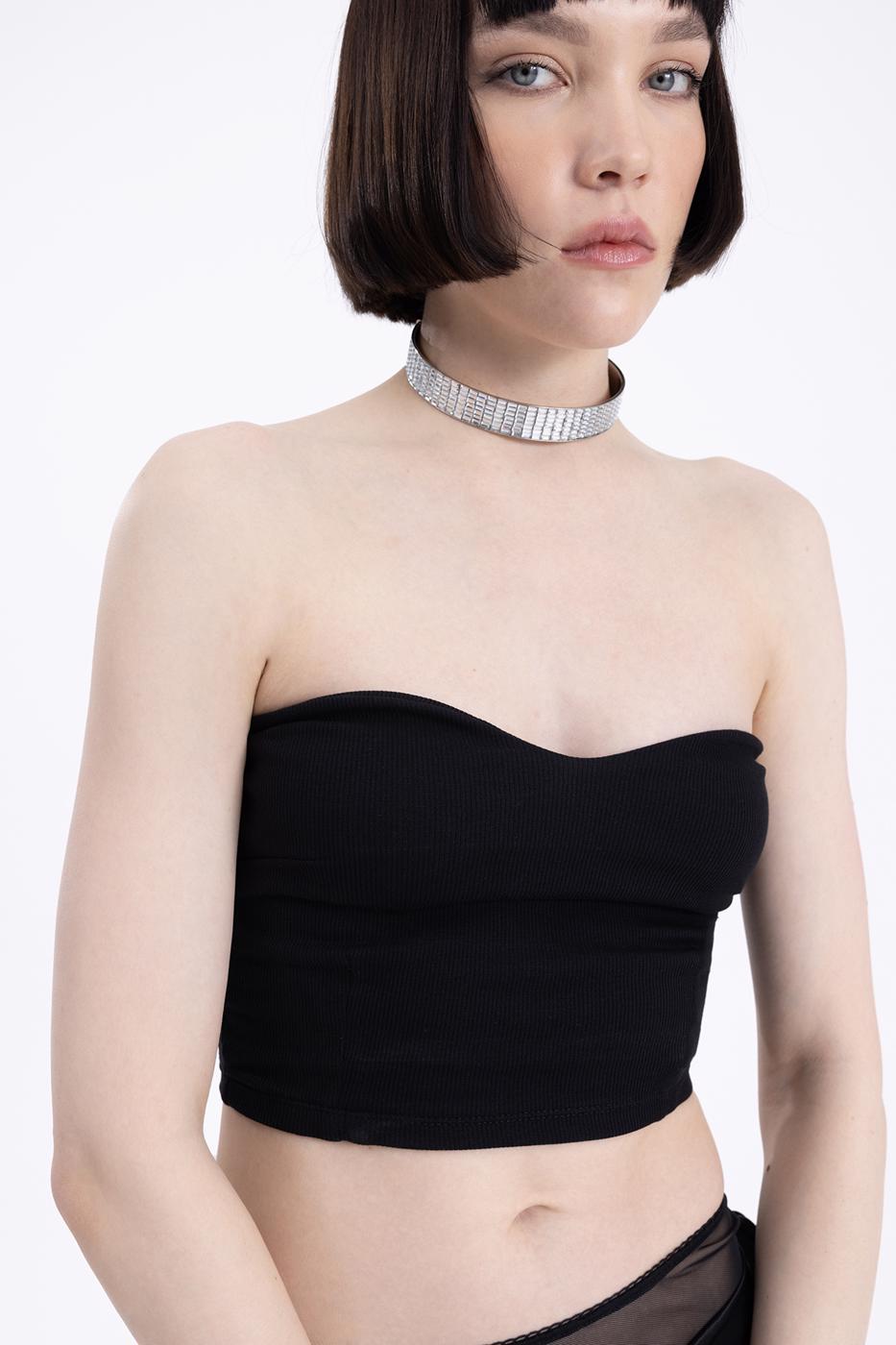 Bayan Siyah Straplez Crop Top