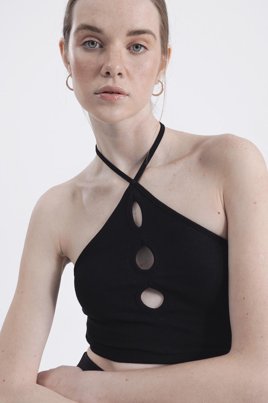 Bayan Siyah Boyun Bağlamalı Crop Top