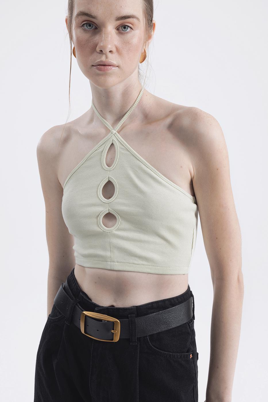 Bayan Yeşil Boyun Bağlamalı Crop Top
