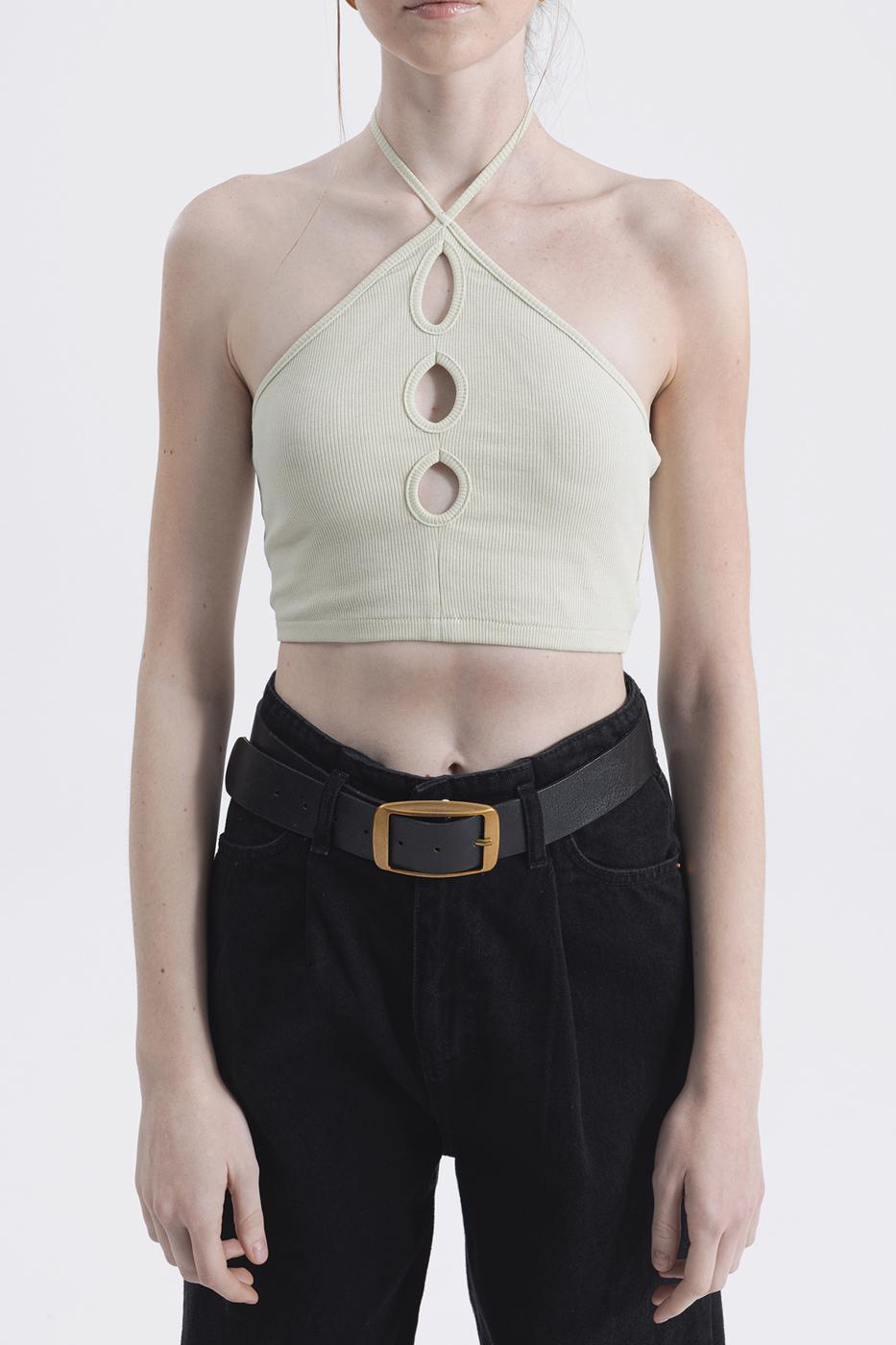 Bayan Yeşil Boyun Bağlamalı Crop Top