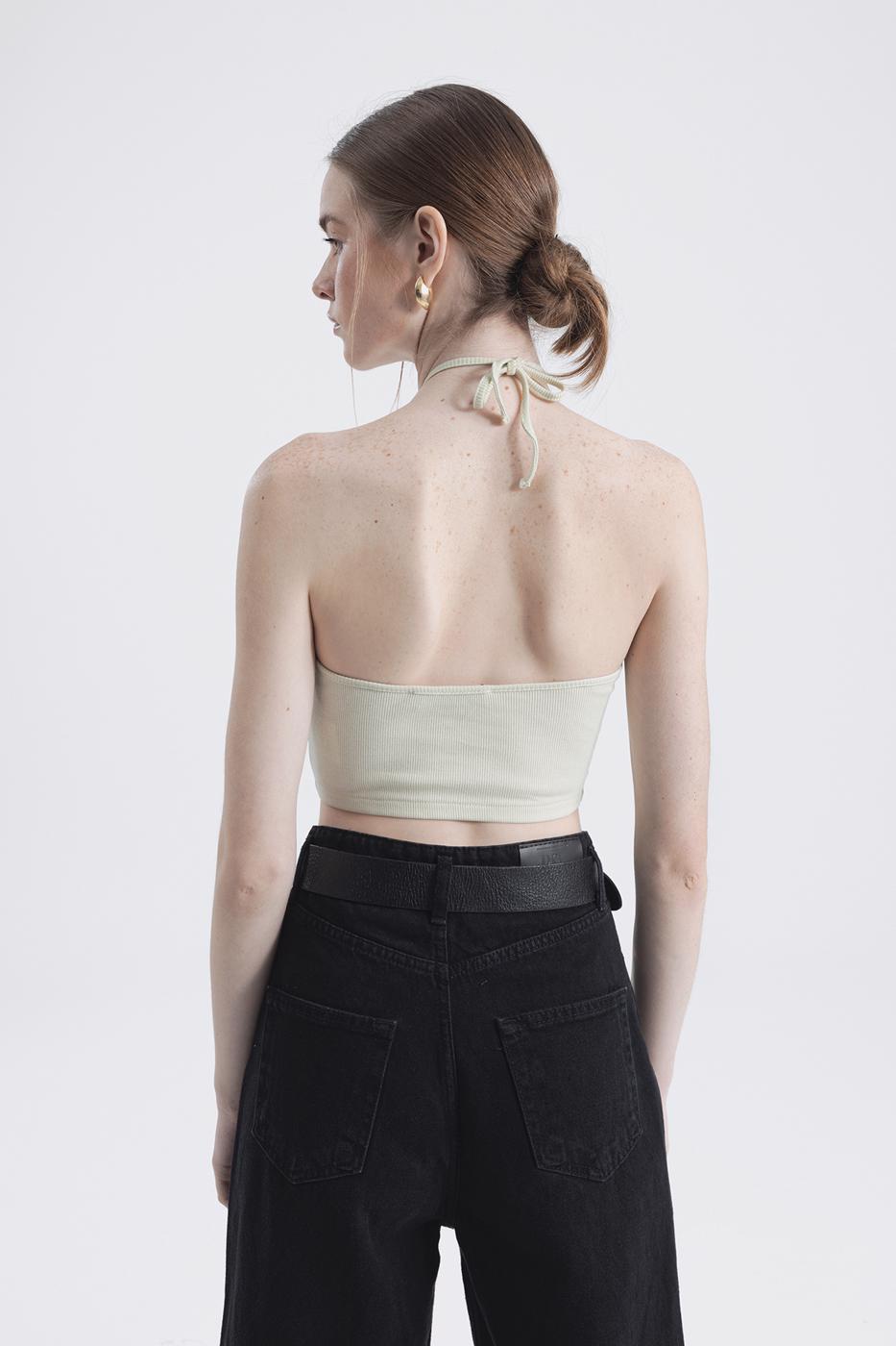 Bayan Yeşil Boyun Bağlamalı Crop Top