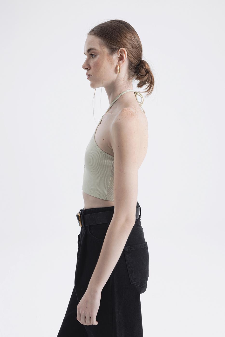 Bayan Yeşil Boyun Bağlamalı Crop Top