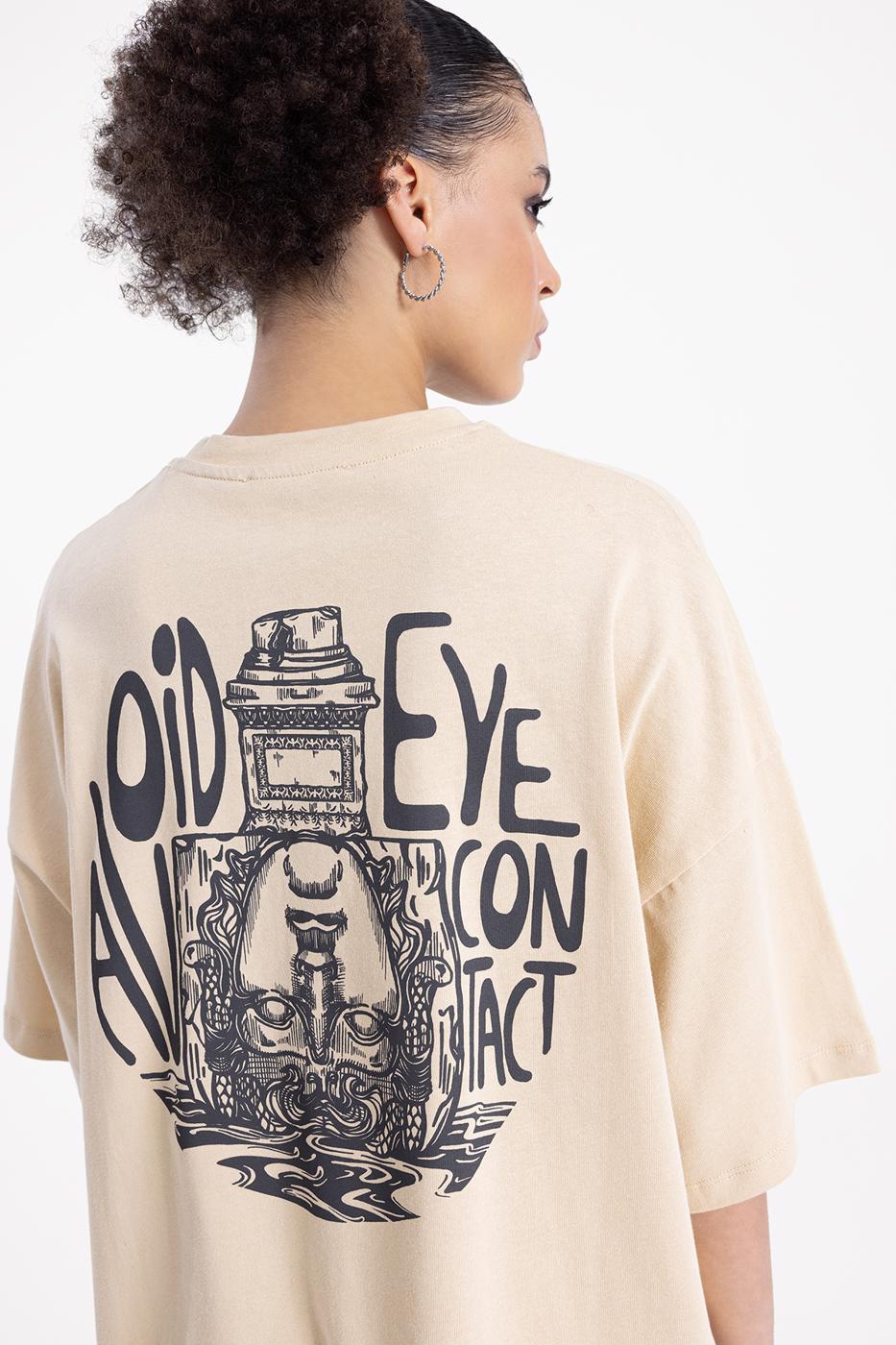 Bayan Bej Oversize Baskılı Tshirt