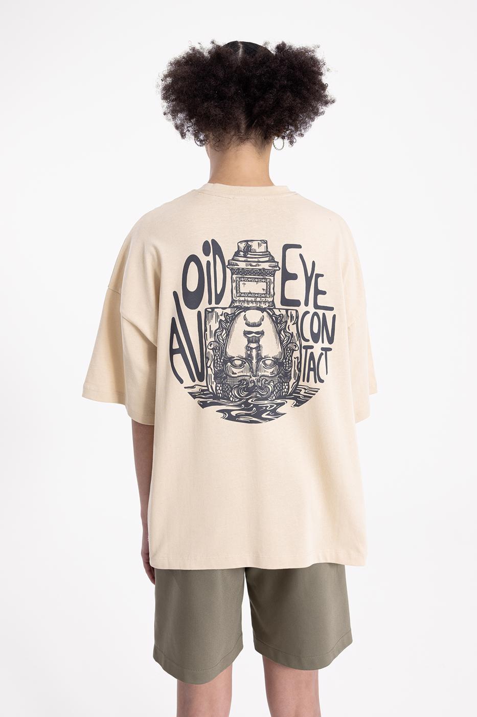 Bayan Bej Oversize Baskılı Tshirt